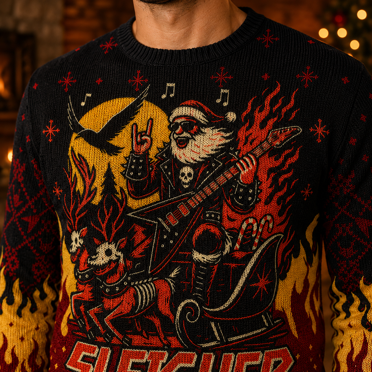 close up of the knitted chest artwork on a black red and