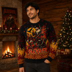 side view of a man wearing a knitted black red and yellow