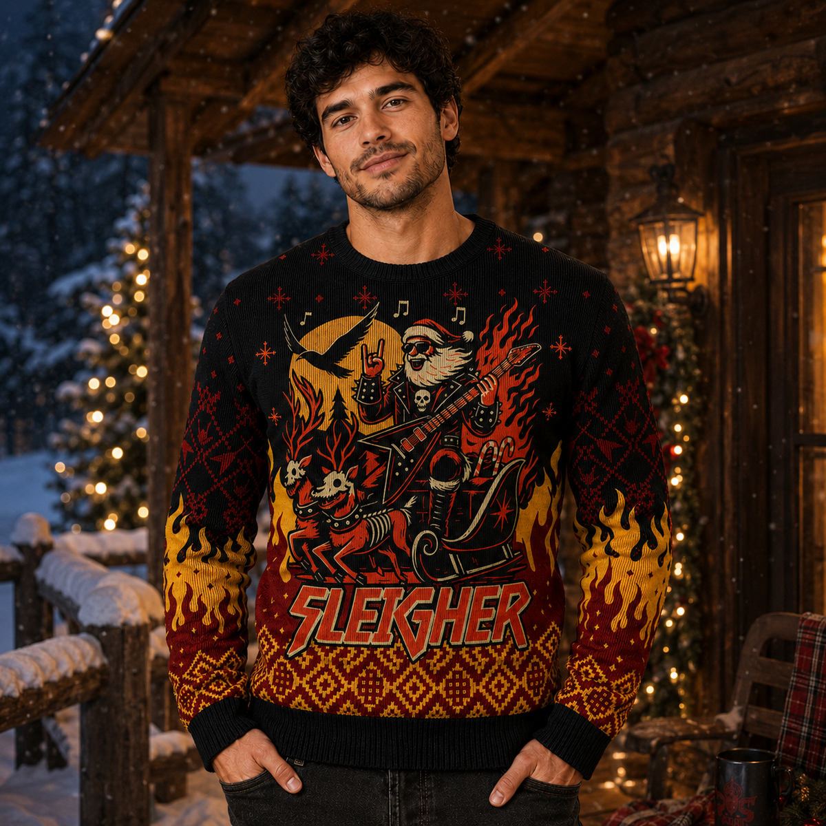 SLEKCHER Metal Santa Sleigh Reindeer Guitar Flames Ugly Christmas Sweater Gifts For Him