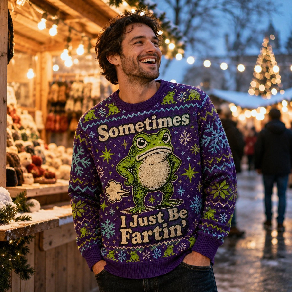 man wearing a purple ugly christmas sweater featuring a cartoon frog and