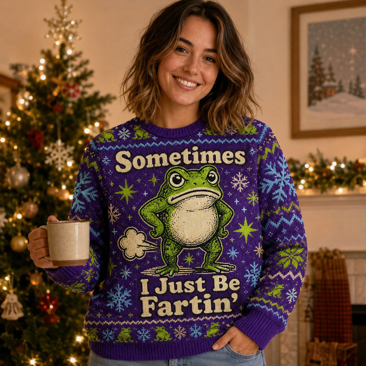 woman holding a mug and wearing a purple ugly christmas sweater with