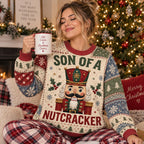 woman wearing an ugly christmas sweater with nutcracker print and hot cocoa