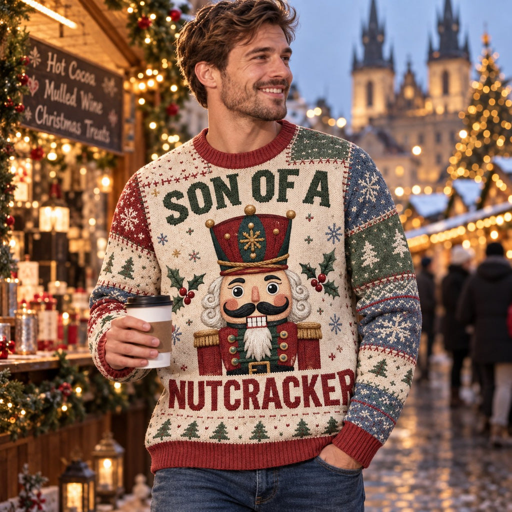 man in ugly christmas sweater holding coffee at a christmas market
