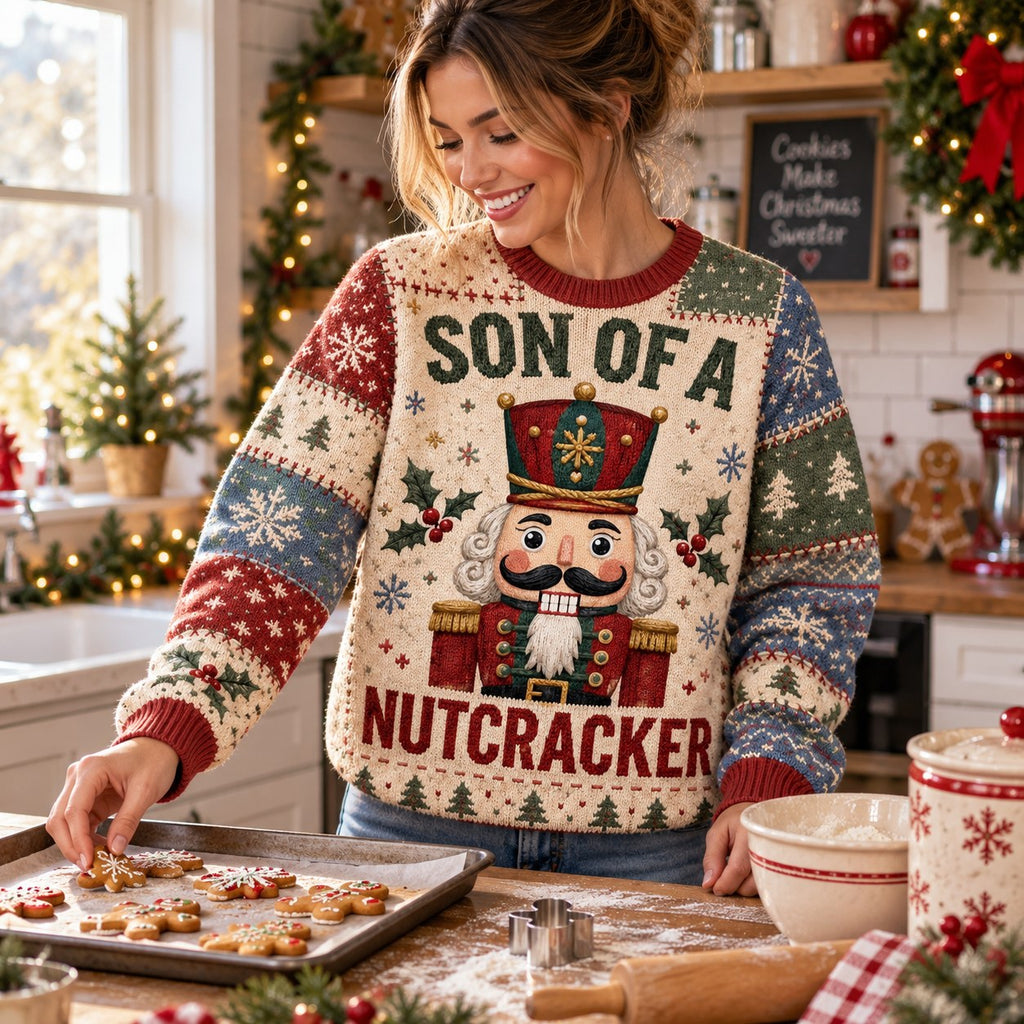 woman baking cookies in a nutcracker ugly christmas sweater at home