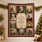 memorial fleece blanket shown hanging on a wall with christmas decor