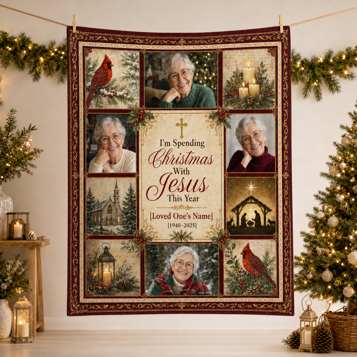memorial fleece blanket shown hanging on a wall with christmas decor