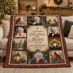 photo collage blanket draped over a couch beside a lit christmas tree