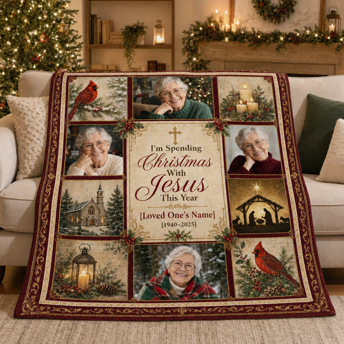 photo collage blanket draped over a couch beside a lit christmas tree