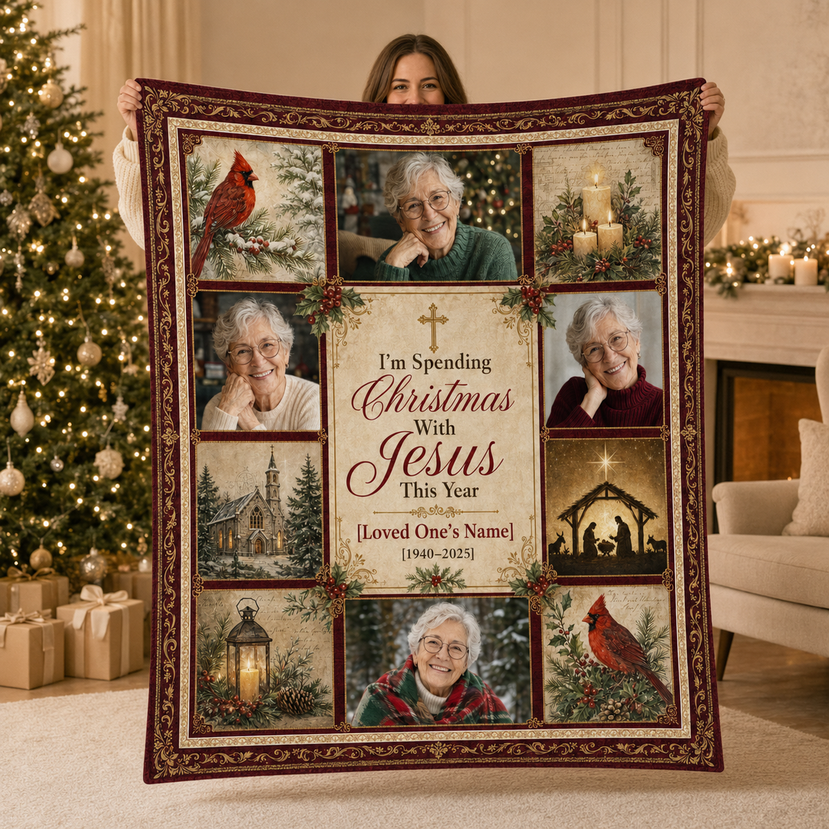 custom memorial photo blanket held up to show personalised name and photos