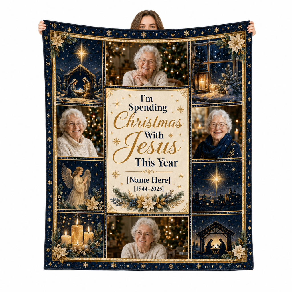 custom photo blanket with nativity scene and memorial quote