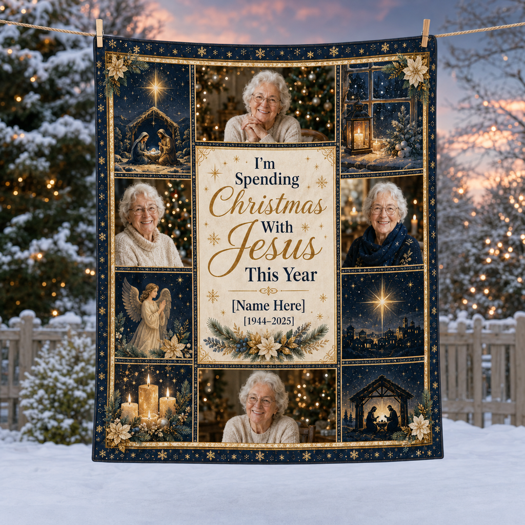 memorial christmas blanket hanging on snowy clothesline outdoors