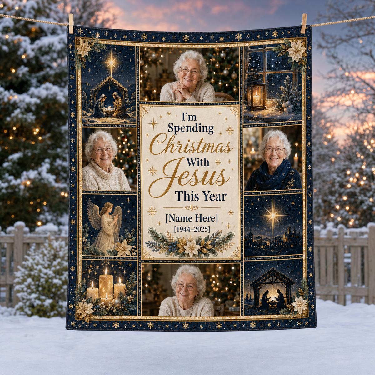 memorial christmas blanket hanging on snowy clothesline outdoors