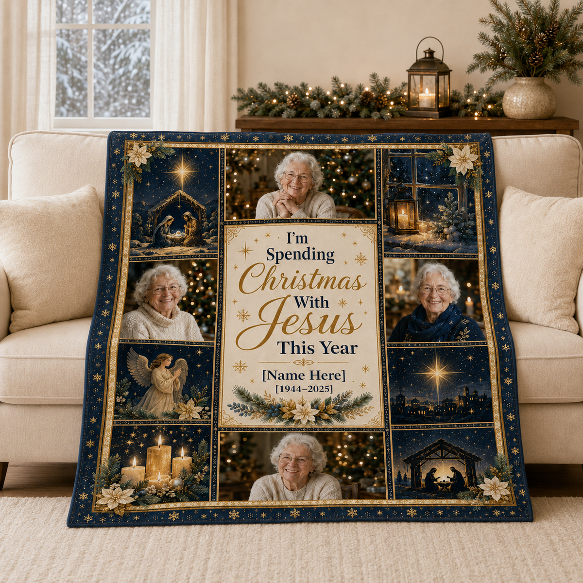plush fleece memorial blanket draped over living room sofa