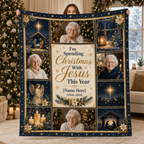 nativity memorial photo blanket held up against christmas tree