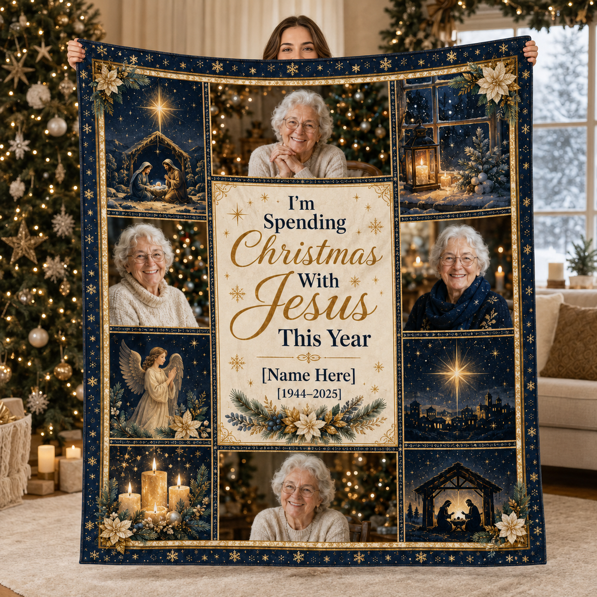 nativity memorial photo blanket held up against christmas tree