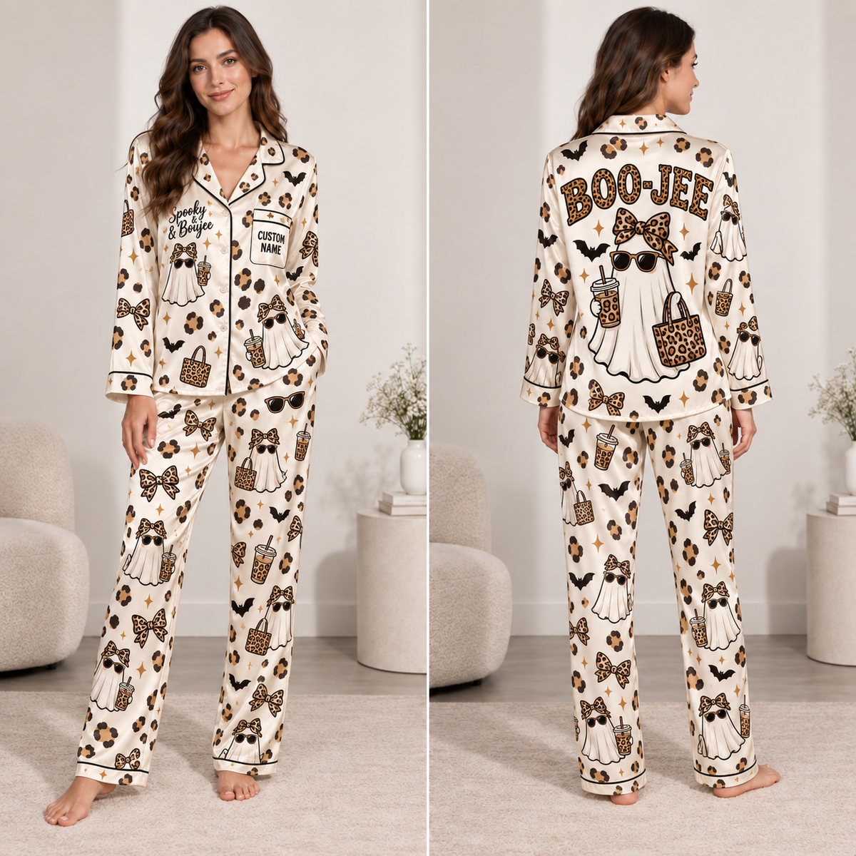 front view of Spooky and Boujee Halloween satin pajama set with custom