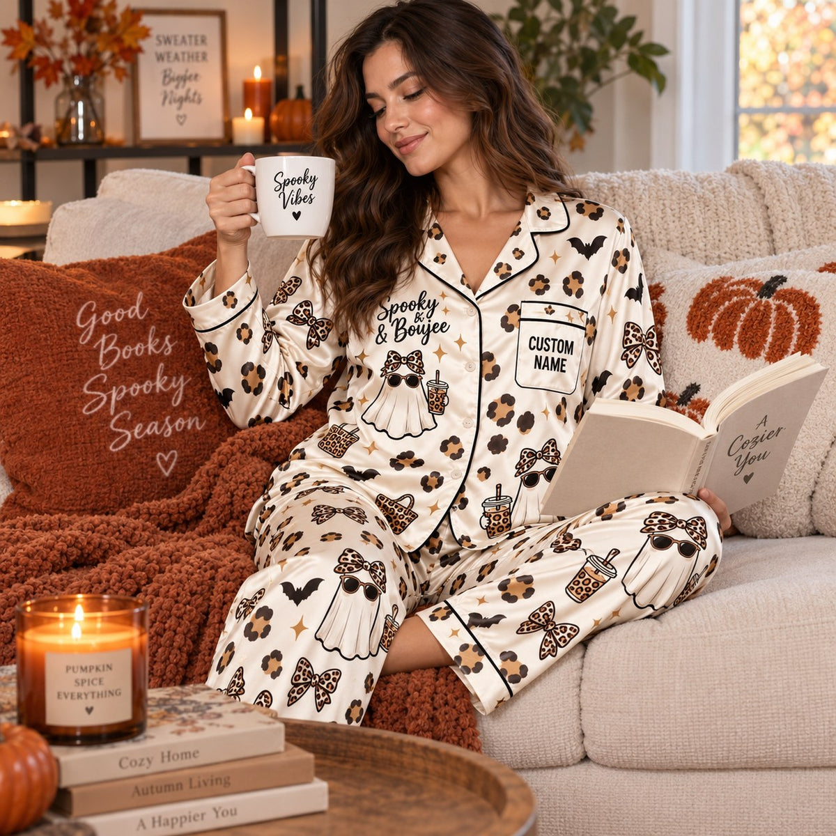 model posing in vanity mirror wearing custom name Halloween satin pajama set