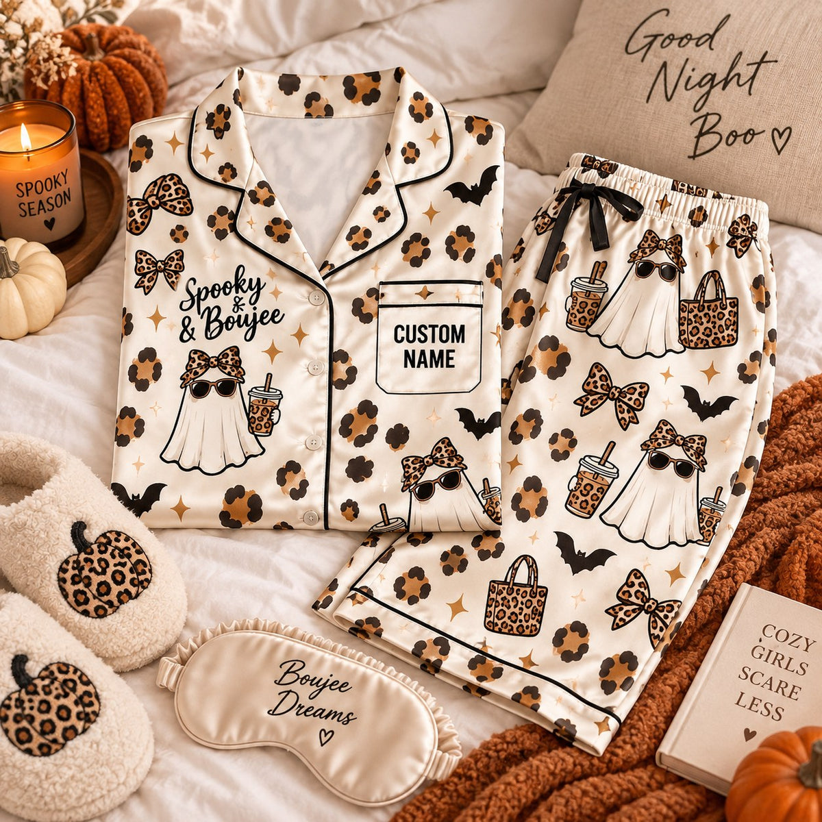 flat lay leopard print ghost satin pajamas with a custom name on the chest