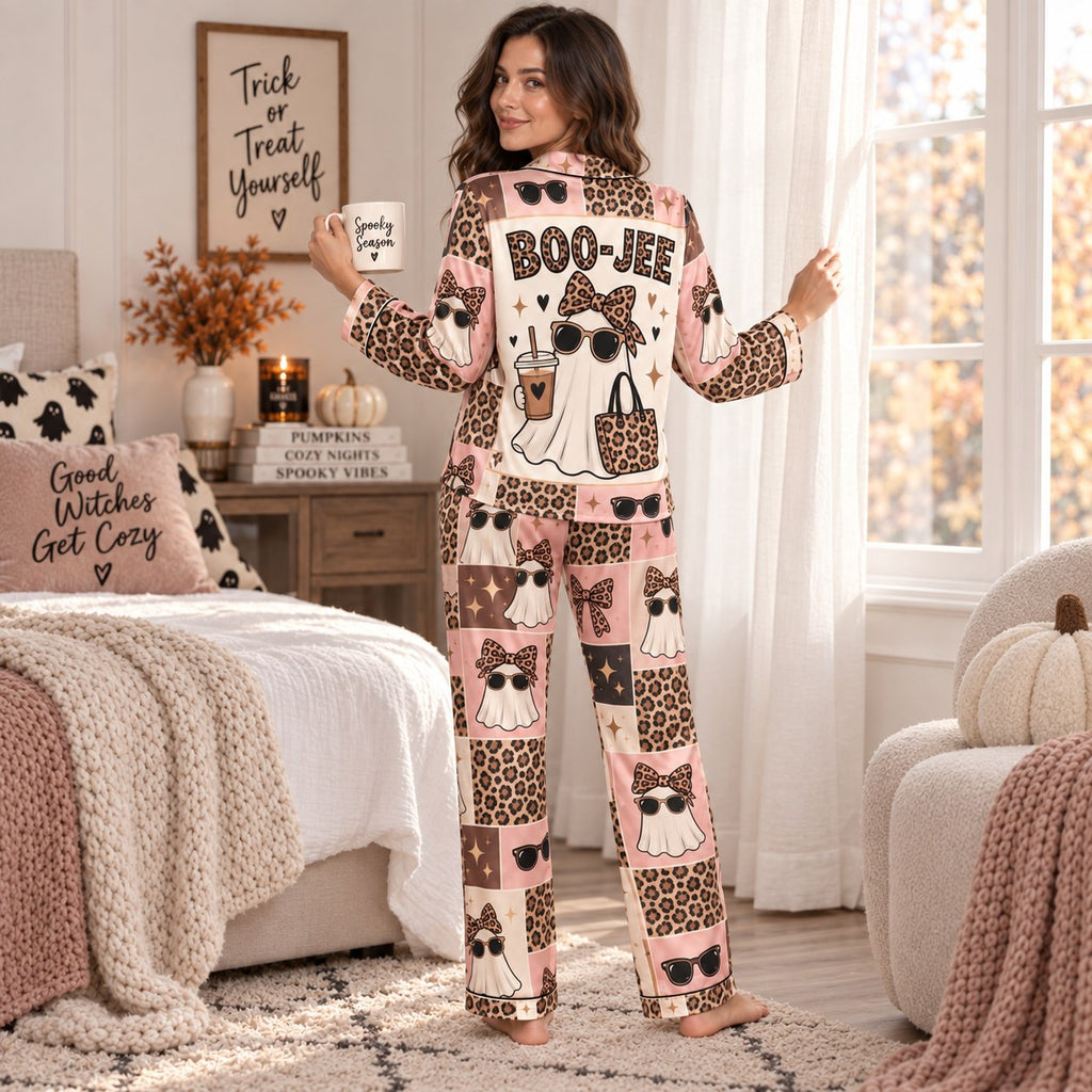 lifestyle shot of satin pajama set with boo-jee ghost design