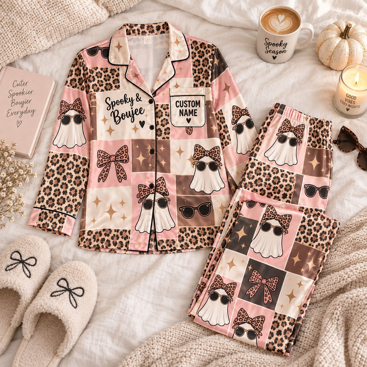 pink leopard ghost satin pajamas flat lay with a custom name on the chest