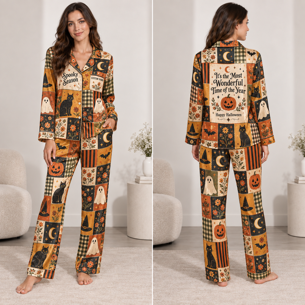 halloween satin pajama set with spooky season patch print and custom name