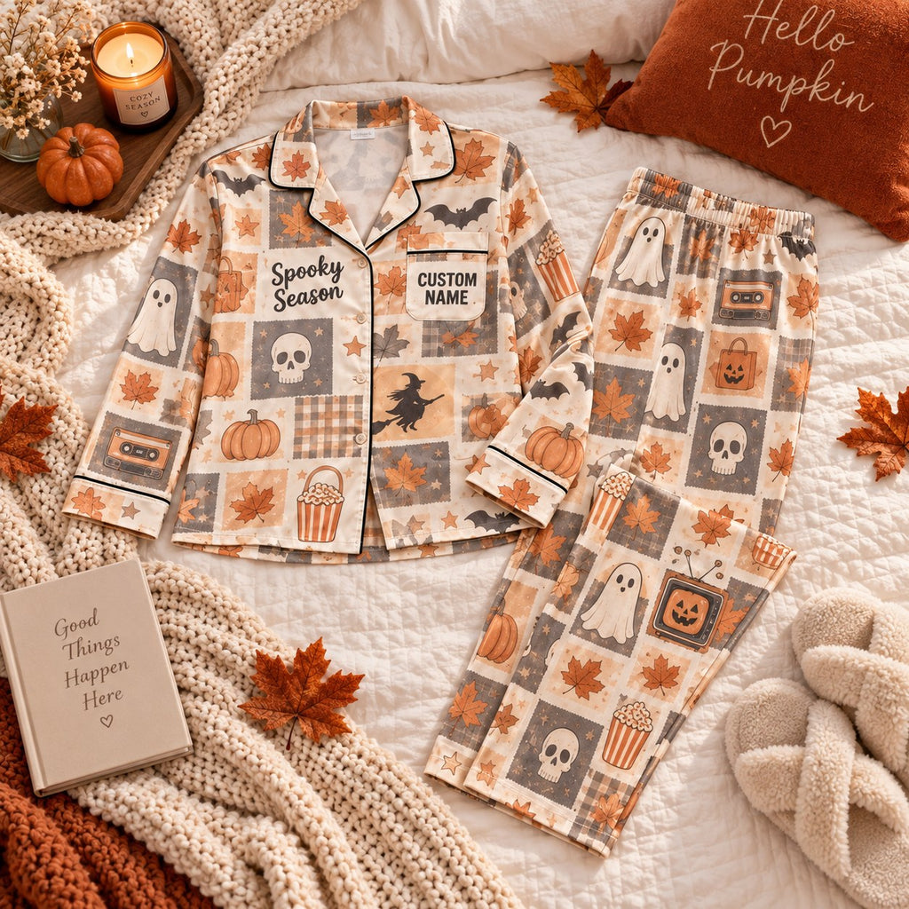 orange ghost patchwork satin pajamas flat lay with a custom name on the chest