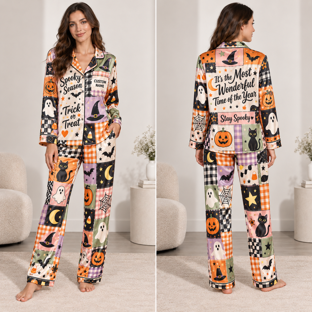 halloween satin pajamas front view with spooky season pumpkin print