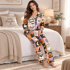 halloween satin pajamas back view with stay spooky patchwork design