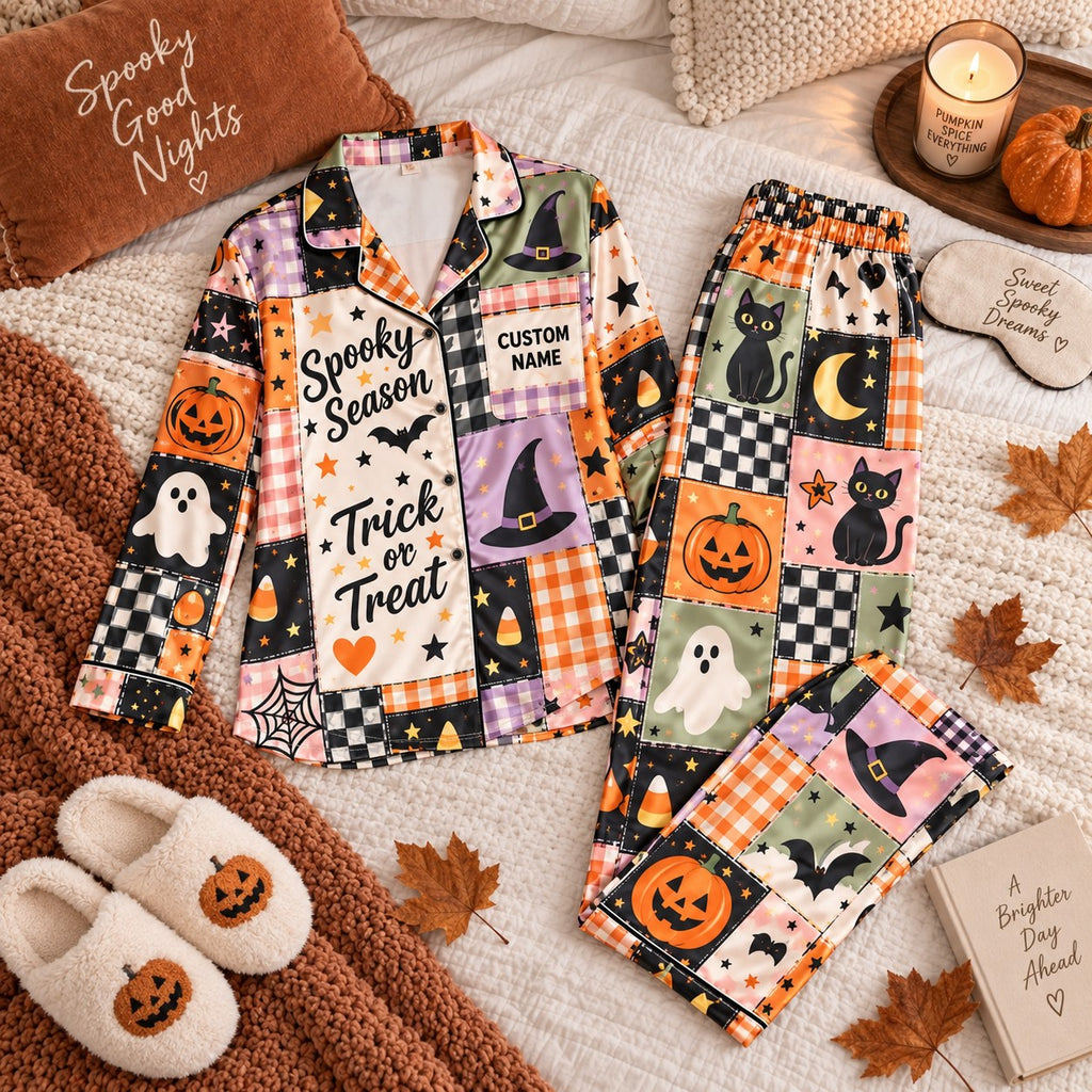 flat lay halloween patchwork satin pajamas with a custom name on the chest