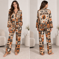 woman modelling a halloween satin pajama set with pumpkin and ghost print