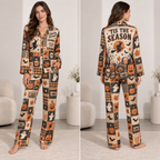 woman modelling a halloween satin pajama set with pumpkin and ghost print