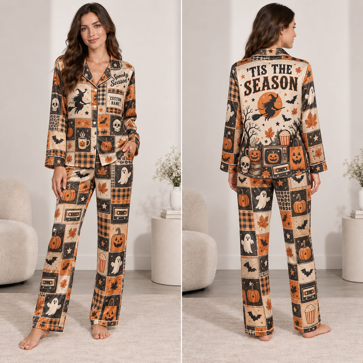 woman modelling a halloween satin pajama set with pumpkin and ghost print
