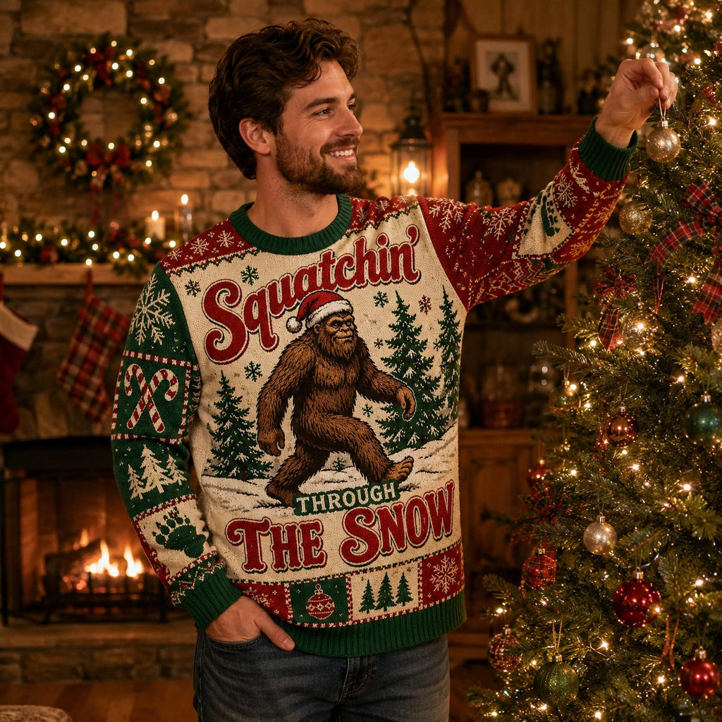 man wearing ugly christmas sweater with sasquatch in santa hat design indoors