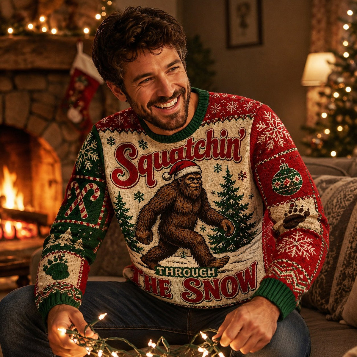 man seated by fireplace smiling in ugly christmas sweater with sasquatch forest
