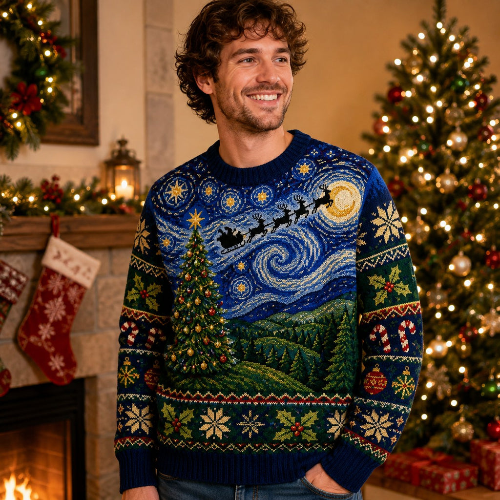 man smiling in a starry night christmas sweater in a festive living