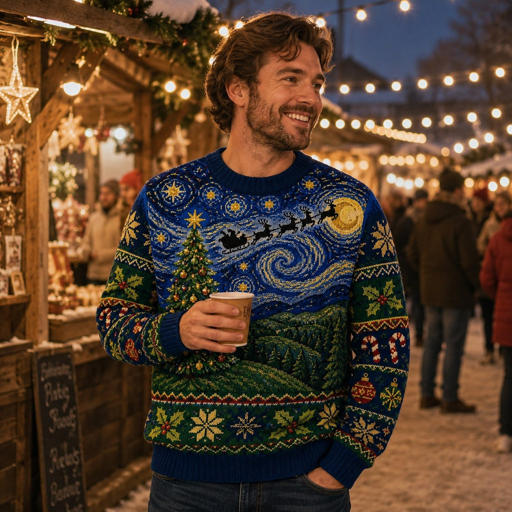 man wearing a starry night reindeer christmas sweater at a christmas market