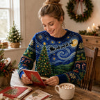woman in a starry night christmas sweater reading a holiday card at