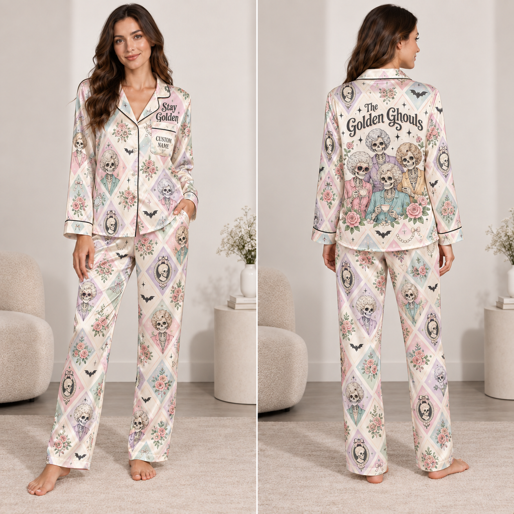 satin pajama set with The Golden Ghouls skeleton print and custom name