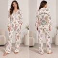 satin pajama set with The Golden Ghouls skeleton print and custom name