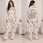 satin pajama set with The Golden Ghouls skeleton print and custom name