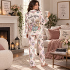 front view of the Stay Golden Halloween satin pajama set with roses