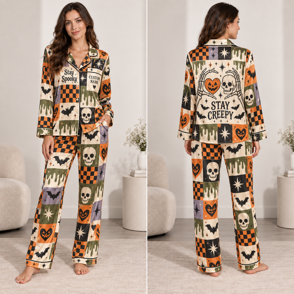 woman modeling stay spooky stay creepy halloween satin pajama set front view
