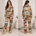 woman modeling stay spooky stay creepy halloween satin pajama set front view