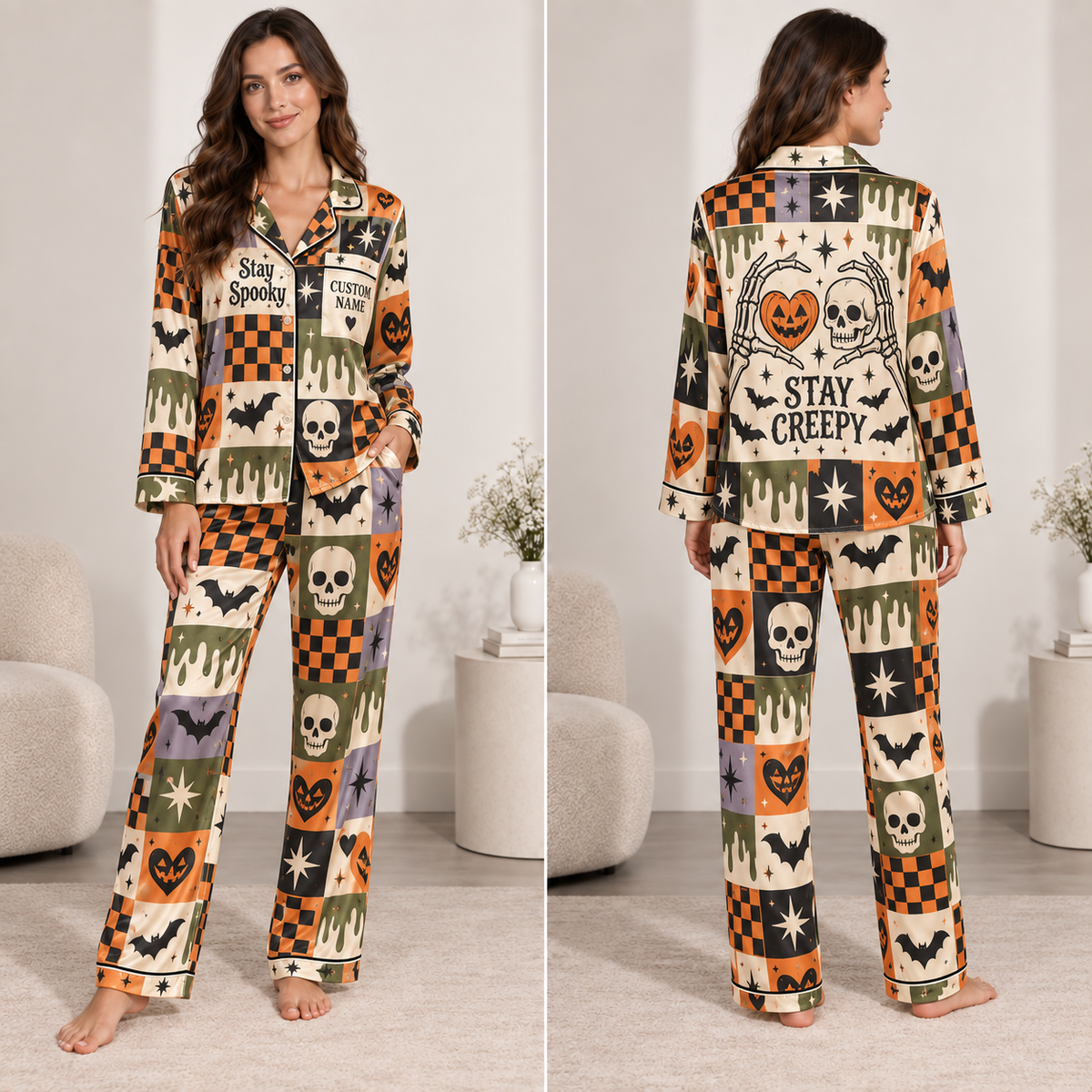 woman modeling stay spooky stay creepy halloween satin pajama set front view