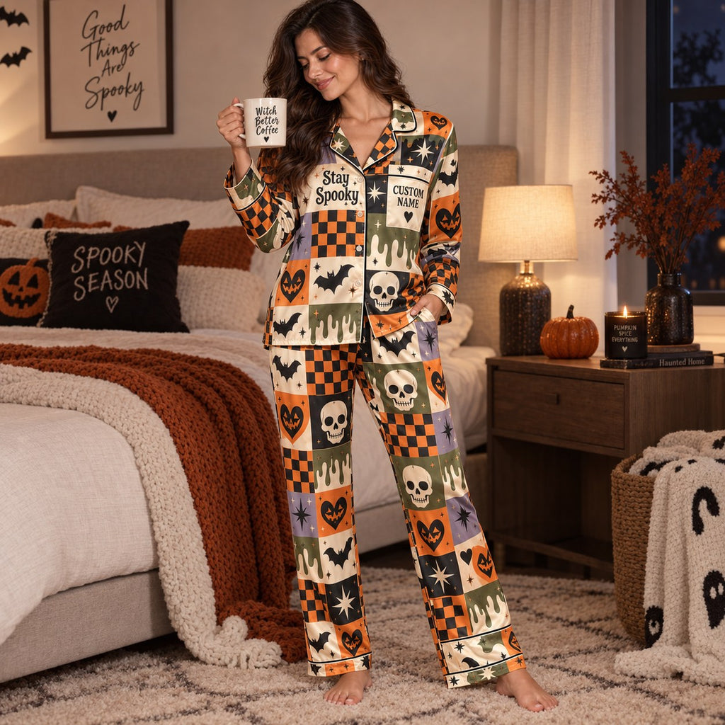 back view of personalized halloween satin pajama set with stay creepy skeleton