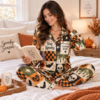woman reading book in stay spooky custom name halloween satin pajama set
