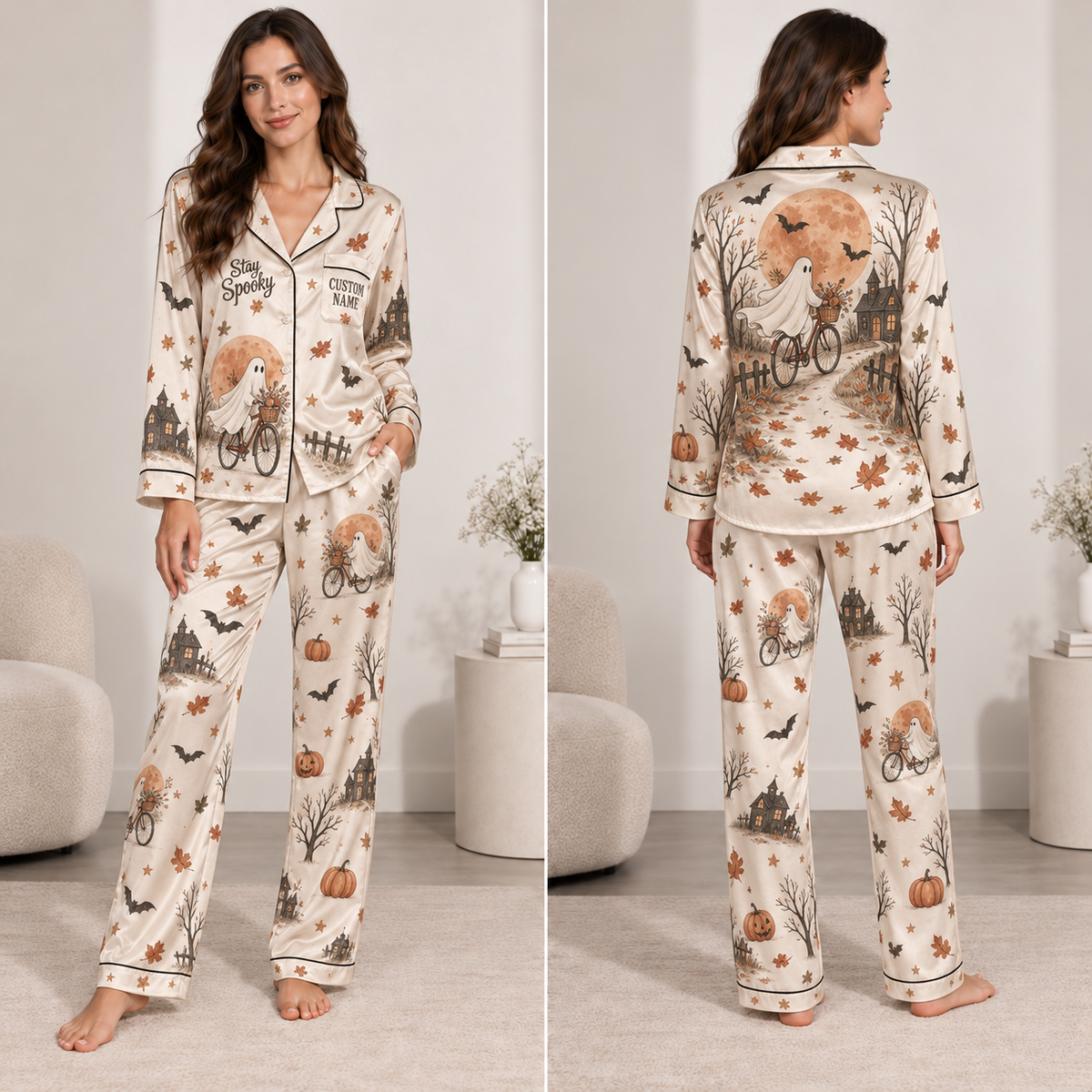 halloween satin pajama set with stay spooky ghost print shown on model