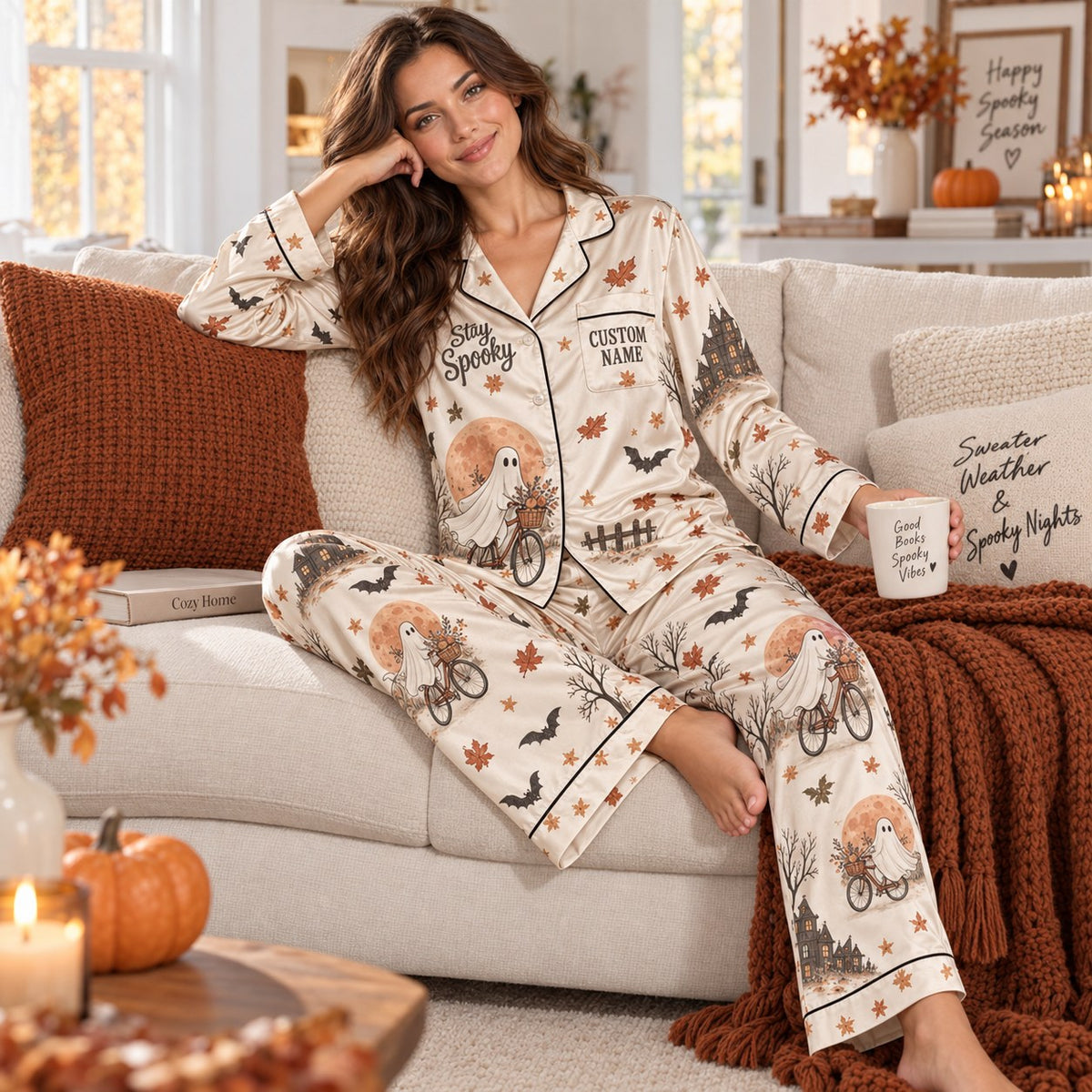 close up of halloween satin pajama top with stay spooky quote