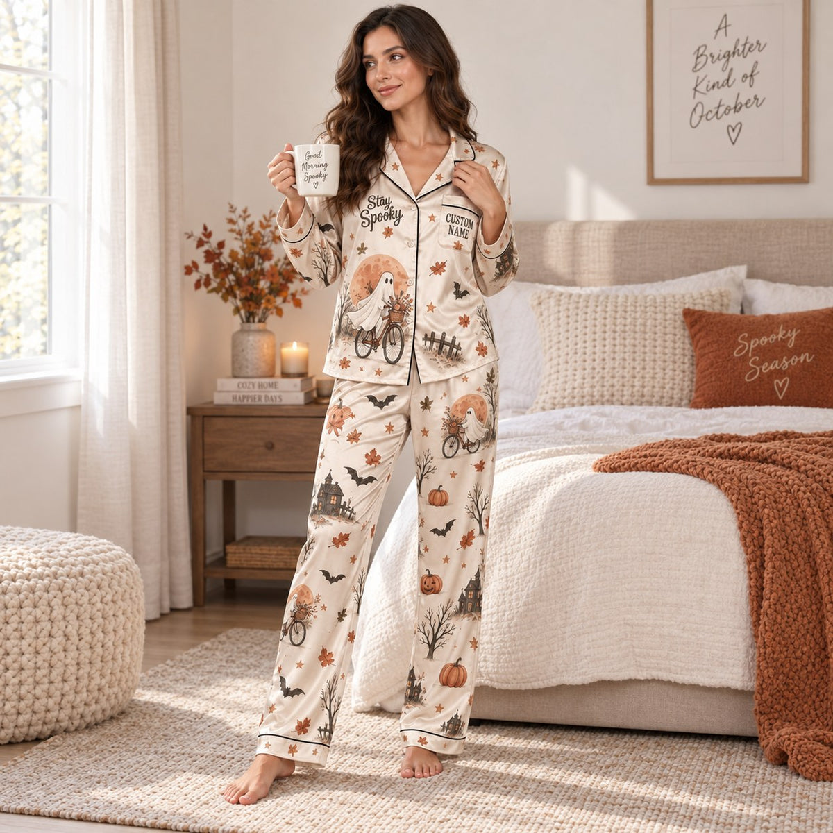 halloween satin pajama set styled in cozy bedroom for october nights