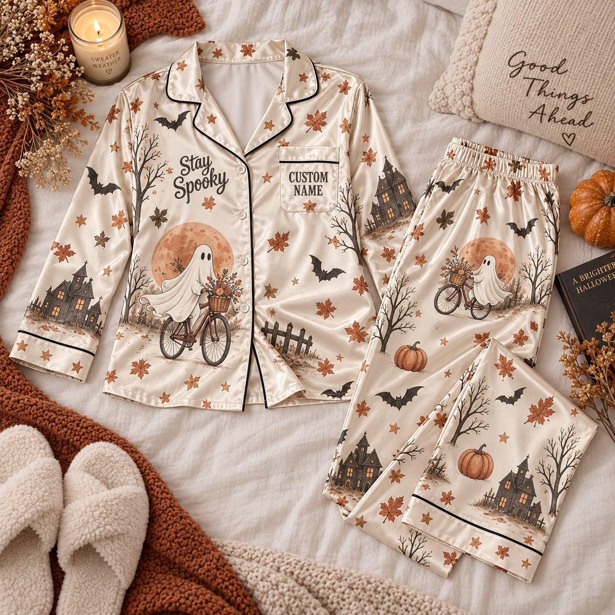cream ghost bicycle satin pajamas flat lay with a custom name on the chest